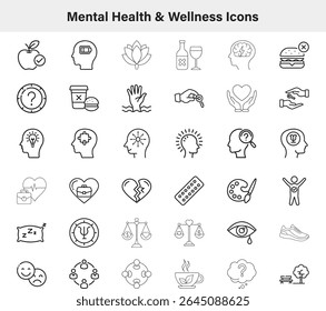 a diverse set of minimalist line icons relating to mental health, wellness, and emotional well-being. The icons depict concepts such as healthy eating, self-care, therapy, and balance.