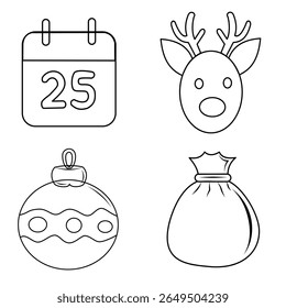 A diverse set of minimalist outline Christmas icons: calendar, bauble, bell, and present. Perfect for clean, versatile holiday design projects and digital assets.