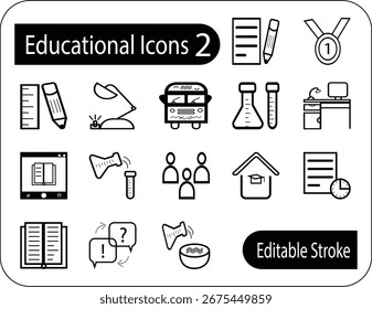 Um conjunto diversificado de ícones educacionais modernos, incluindo símbolos para a ciência, aprendizagem on-line, escola e realização acadêmica. Perfeito para sites, aplicativos e mídia impressa