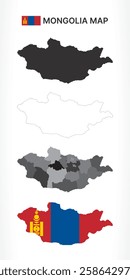 A diverse set of Mongolia maps, including a black silhouette, detailed outline, political division map with provinces, and a flag-themed version, ideal for educational and design purposes