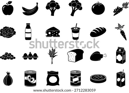 A diverse set of monochrome glyphs representing various food items, groceries, and ingredients.
