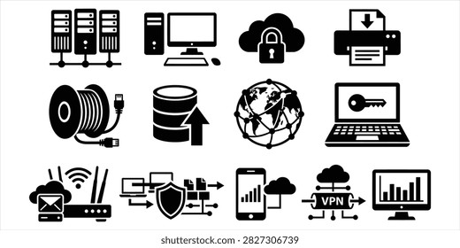 Diverse set of monochrome technology and security icons