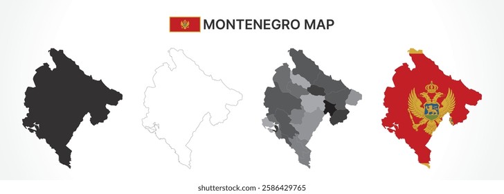 A diverse set of Montenegro maps, including a black silhouette, detailed outline, political division map with municipalities, and a flag-themed version, ideal for educational and design purposes