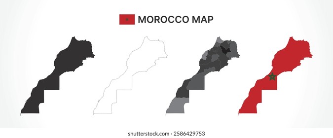 A diverse set of Morocco maps, including a black silhouette, detailed outline, political division map with regions, and a flag-themed version, ideal for educational and design purposes