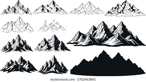 Un conjunto diverso de ilustraciones de montaña, que incluye arte lineal detallado, bocetos sombreados y formas de silueta, mostrando diferentes formaciones y perspectivas de montaña.