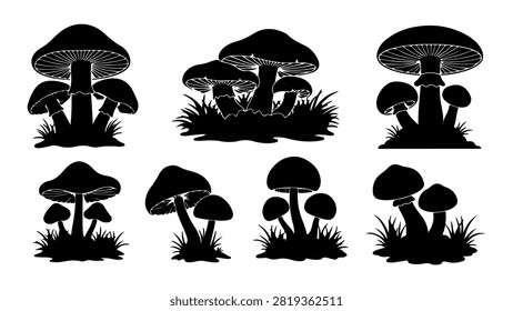 A diverse set of mushroom silhouettes showcasing various shapes, sizes, and arrangements perfect for nature, fungi, and botanical designs.