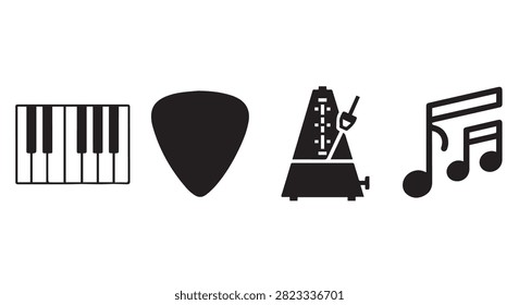 A diverse set of musical instruments including a piano, guitar pick, microphone, and musical notes, representing music creation and performance.