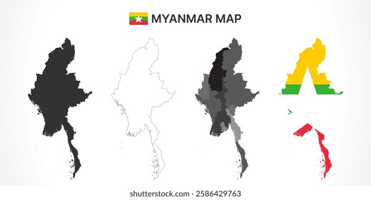 A diverse set of Myanmar maps, including a black silhouette, detailed outline, political division map with states and regions, and a flag-themed version, ideal for educational and design purposes