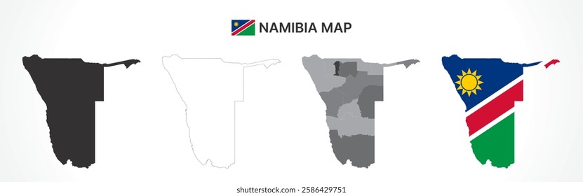 A diverse set of Namibia maps, including a black silhouette, detailed outline, political division map with regions, and a flag-themed version, ideal for educational and design purposes