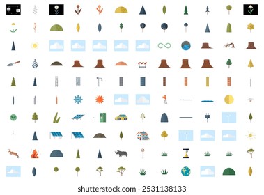 Diverse set of nature and adventure icons with trees, mountains, animals, activities, and weather elements. Ideal for ecological themes, outdoor adventures, environmental education, nature-inspired