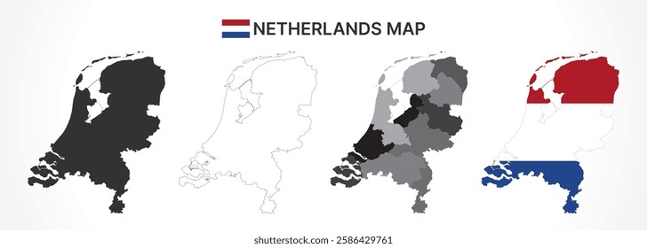 A diverse set of Netherlands maps, including a black silhouette, detailed outline, political division map with provinces, and a flag-themed version, ideal for educational and design purposes