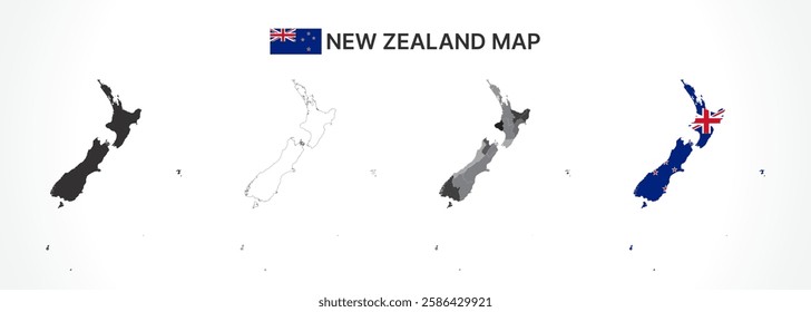 A diverse set of New Zealand maps, including a black silhouette, detailed outline, political division map with regions, and a flag-themed version, ideal for educational and design purposes