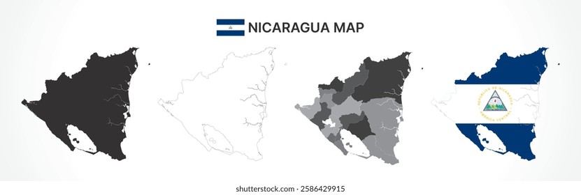 A diverse set of Nicaragua maps, including a black silhouette, detailed outline, political division map with departments, and a flag-themed version, ideal for educational and design purposes