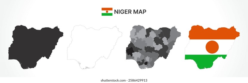 A diverse set of Niger maps, including a black silhouette, detailed outline, political division map with regions, and a flag-themed version, ideal for educational and design purposes