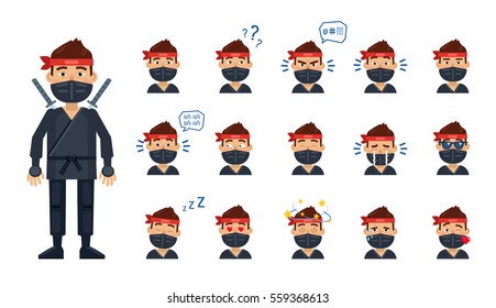 Diversos emoticonos ninja. avatares Ninja que muestran diferentes expresiones faciales. Feliz, triste, sonrisa, risa, sorpresa, somnoliento, enojado, enamorado y otras emociones. Ilustración vectorial simple