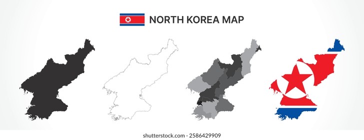 A diverse set of North Korea maps, including a black silhouette, detailed outline, political division map with provinces, and a flag-themed version, ideal for educational and design purposes