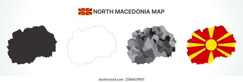 A diverse set of North Macedonia maps, including a black silhouette, detailed outline, political division map with municipalities, and a flag-themed version, ideal for educational and design purposes