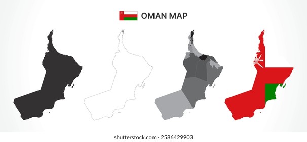 A diverse set of Oman maps, including a black silhouette, detailed outline, political division map with governorates, and a flag-themed version, ideal for educational and design purposes