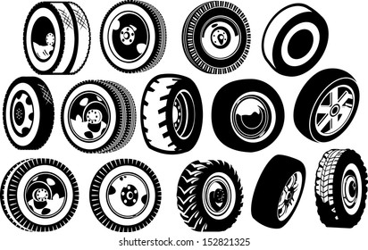 A diverse set of options for wheels. black and white illustration.