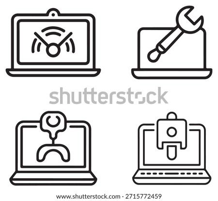 A diverse set of outline icons showcasing various remote work tools presented clearly isolated on a white background.
