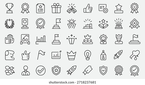 Un conjunto diverso de iconos de contorno que representan visualmente elogios, hitos y logros positivos.