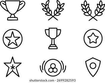 Um conjunto diversificado de ícones vetoriais que simbolizam prêmios, realizações e reconhecimento. Inclui troféus, estrelas e coroas de louro, ideal para o design moderno.