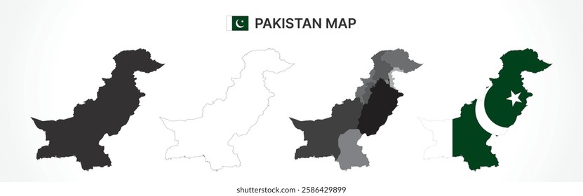 A diverse set of Pakistan maps, including a black silhouette, detailed outline, political division map with provinces, and a flag-themed version, ideal for educational and design purposes