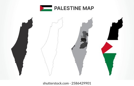 A diverse set of Palestine maps, including a black silhouette, detailed outline, political division map with governorates, and a flag-themed version, ideal for educational and design purposes