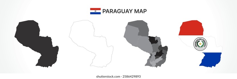 A diverse set of Paraguay maps, including a black silhouette, detailed outline, political division map with departments, and a flag-themed version, ideal for educational and design purposes