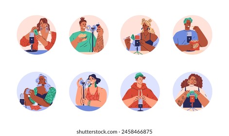 A diverse set of people engaging in ASMR activities, from eating to whispering. Vector illustrations for sensory experiences.