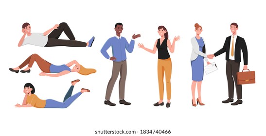 Diverse set of people relaxing lying down, chatting and in business together shaking hands isolated on white for design elements, colored vector illustration