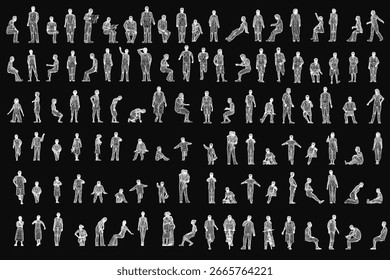 A diverse set of people in various dynamic poses, silhouetted against a dark background with wireframe-style outlines. The composition highlights movement and interaction within the group.