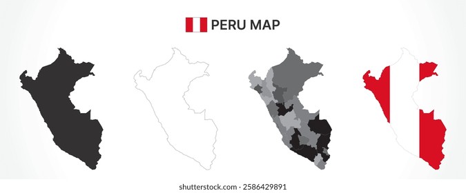 A diverse set of Peru maps, including a black silhouette, detailed outline, political division map with regions, and a flag-themed version, ideal for educational and design purposes