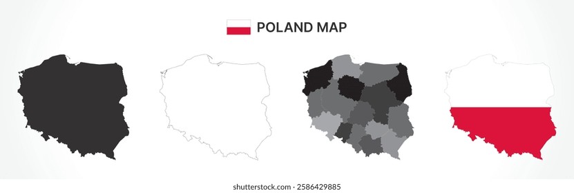 A diverse set of Poland maps, including a black silhouette, detailed outline, political division map with voivodeships, and a flag-themed version, ideal for educational and design purposes