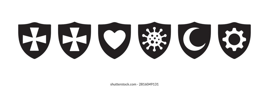 Diverse set of protective shield icons with medical and technical symbols for security and safety concepts.