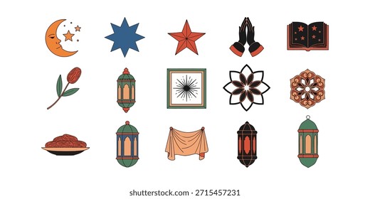 Eine vielfältige Reihe von Ramadan-Symbolen mit Sternen, Laternen, Gebetshänden, Datteln und religiösen Büchern. Perfekt für Eid Mubarak Grüße und traditionelle islamische Designs.