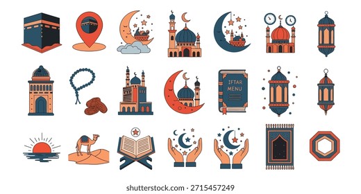 A diverse set of Ramadan icons featuring the Kaaba, mosques, prayer beads, dates, lanterns, and an Iftar menu. Perfect for social media, apps, and festive greeting cards.