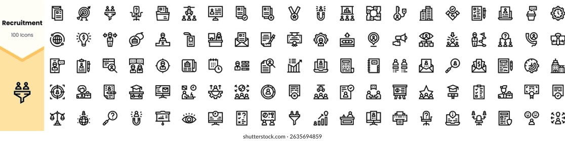 A diverse set of recruitment icons showcasing various aspects of hiring, from interviews to onboarding, designed in a minimalist black style.