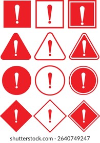 A diverse set of red exclamation mark icons in various shapes for alerts and warnings