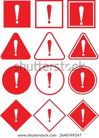 A diverse set of red exclamation mark icons in various shapes for alerts and warnings