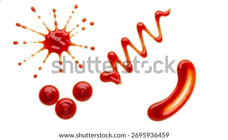 A diverse set of red ketchup sauce patterns, including a splash, drops, and a swirl, showcasing creative culinary art on a white background.