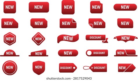 A diverse set of red 'New' and 'Discount' labels and tags in various shapes, presented as a vector illustration on a white background.