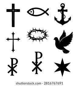 A diverse set of religious symbols including crosses, fish, anchors, crowns, thorns, doves, and stars representing various faiths and spiritual beliefs.
