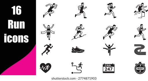 Diverse set of running silhouettes including male and female sprinters. Features hurdles, finish lines, stopwatch, jogging shoes and heart rate monitor elements.
