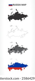 A diverse set of Russia maps, including a black silhouette, detailed outline, political division map with federal subjects, and a flag-themed version, ideal for educational and design purposes