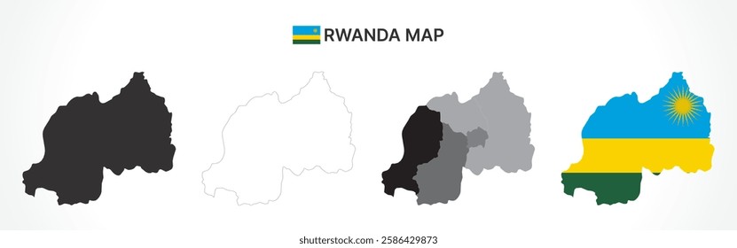 A diverse set of Rwanda maps, including a black silhouette, detailed outline, political division map with provinces, and a flag-themed version, ideal for educational and design purposes