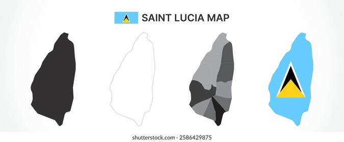 A diverse set of Saint Lucia maps, including a black silhouette, detailed outline, political division map with districts, and a flag-themed version, ideal for educational and design purposes