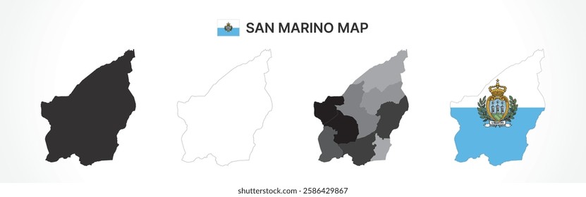 A diverse set of San Marino maps, including a black silhouette, detailed outline, political division map with municipalities, and a flag-themed version, ideal for educational and design purposes