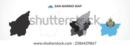 A diverse set of San Marino maps, including a black silhouette, detailed outline, political division map with municipalities, and a flag-themed version, ideal for educational and design purposes