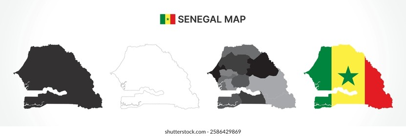 A diverse set of Senegal maps, including a black silhouette, detailed outline, political division map with regions, and a flag-themed version, ideal for educational and design purposes